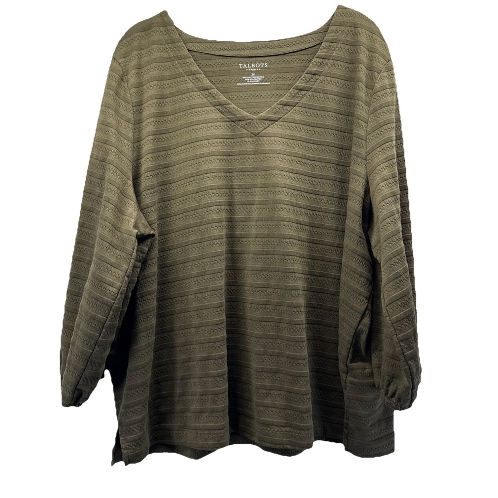 Talbots‎ Women's Top 2X Solid Green Textured V Neck 3/4 Sleeves Pullover Slits